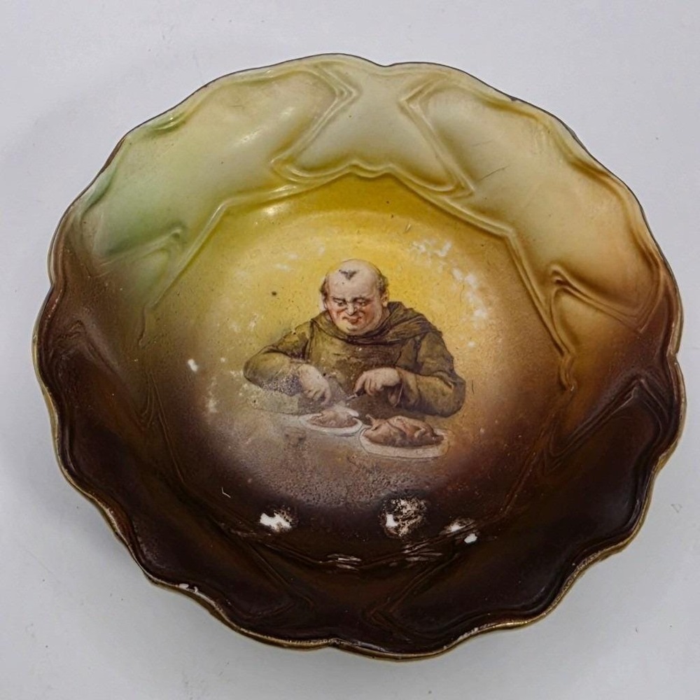 Antique Porcelain Monk Serving Bowl Scalloped Gilt Edge Hand Painted Friarware